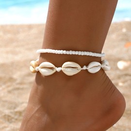 haolry Ankle Bracelets for Women Adjustable Beaded Shell Boho Beach Jewelry Gold-Tone Waterproof Summer Gift Set,white