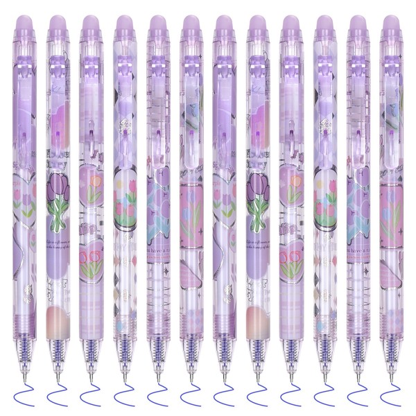 Temiary 12Pcs Cute Erasable Gel Pens, Make Mistakes Disappear, 0.5mm Fine Point Smooth Writing for Planner Puzzles, Blue Ink No Smudge for School Office Supplies (Purple)