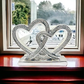 Amazing Gift Crushed Diamond Silver Double Heart Love Ornament - A Radiant Celebration of Eternal Affection Sterling Love-Ornament Blings Sparkly Ornament home Interiors decoration