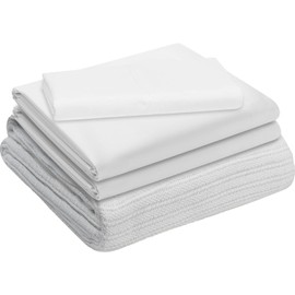 Linteum Textile Supply All in One Hospital Bed Linen Set in a Bag 100% Cotton 4 Piece Hospital Bedding Set White 180 Thread Count Flat Sheet, Jersey Knit Fitted Sheet, Pillow Case & Regular Blanket