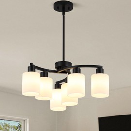 Blhxian 6-Light Modern Farmhouse Black Chandelier,22 inch Dining Room Light Fixture,Contemporary Glass Chandelier Adjustable Height Hanging Pendant Lights Kitchen Island,Glass Shade