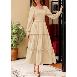 PRETTYGARDEN Women Fall Long Sleeve Smocked Maxi Dress Casual Square Neck Swiss Dot Tiered Ruffle Flowy Spring Pocket Dresses (Beige,XX-Large)