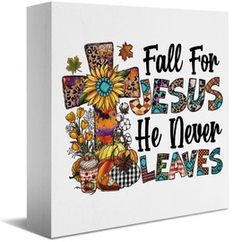Fall Decor, Fall Decorations For Home Office, Fall Sign, Autumn Decorations, Autumn Pumpkin Jesus Coffee Decor, Fall for Jesus He Never Leaves Sign, Fall Desk Shelf Decor 5 X 5 Inch