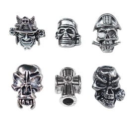 HAISDA - Cuentas de calavera para cordones EDC al aire libre, cuchillo/linterna/paracord/accesorios de joyería DIY, paquete de 6 (plata)