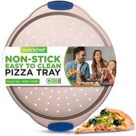 NutriChef 13-Inch Non-Stick Pizza Tray - with Silicone Handle, Round Steel Non-stick Pan with Perforated Holes, Premium Bakeware, Pizza Tray with Extended Handles, Dishwasher Safe - Champagne Gold