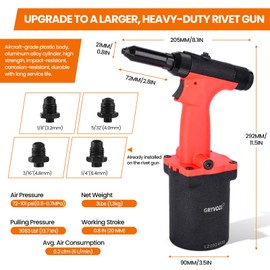 GRYVOZE Pneumatic Rivet Gun Air Pop Riveter Tool Kit with 1/8", 5/32", 3/16", 1/4" Rivet Nozzles, Pneumatic Riveting Gun, Upgraded Air Riveter Hydraulic Pop Riveting Rivets Tool, No-Self-Suction
