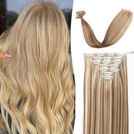 Hair Extensions Clip in Blonde Highlights 22 inch Straight Hair for Fine Hair Full Head (Gold, 22inch)