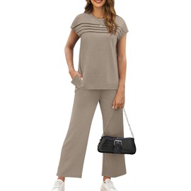 WIHOLL Workout Sets for Women 2 Piece Short Sleeve Summer Cruise Business Casual Outfits 2025 Going Out Two Piece Sets Women's Clothing Country Concert Crew Neck Tracksuits Coffee XL