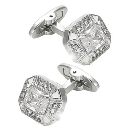 Jonwo Rectangle Crystal Silver Tone Cufflinks for Men Purple/Blue/Transparent Crystals Men's Cuff Link Set for Wedding Shirt Party Business Birthday Anniversary Dress (Transparent Crystal)