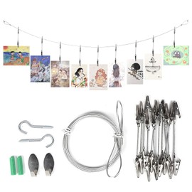 Qaestuan Photo Rope with Clips, Pack of 12 Double Crocodile Clips, 160 cm x 2 mm Photo Chain Steel Rope, with Eyelets and Hooks for Photos, Hanging Photos, Children's Drawings and Postcards