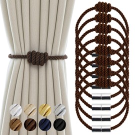 Contoeey Curtain Tiebacks Magnetic Decorative Curtain Tie Backs for Curtains 8 Pack Rope Curtain Holders for Drapes Outdoor Curtain Holdbacks, Coffee