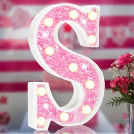 Pink Light Up Letters, Glitter Alphabet Letter Sign Pink LED Marquee Letter Lights Battery Powered for Night Light Girls Bedroom Birthday Party Wedding Home Christmas Decorations Gift for Her-Pink S