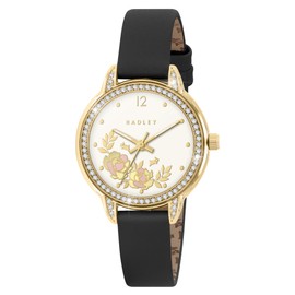 RADLEY Womens Gold Plated Stone Set Floral Black Leather Strap Watch