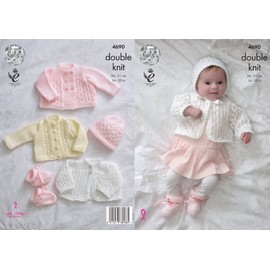 King Cole Baby Double Knitting Pattern for Matinee Coat Jacket Cardigan Bonnet Hat & Bootees (4690) by King Cole,Multicolor,14" - 20" chest