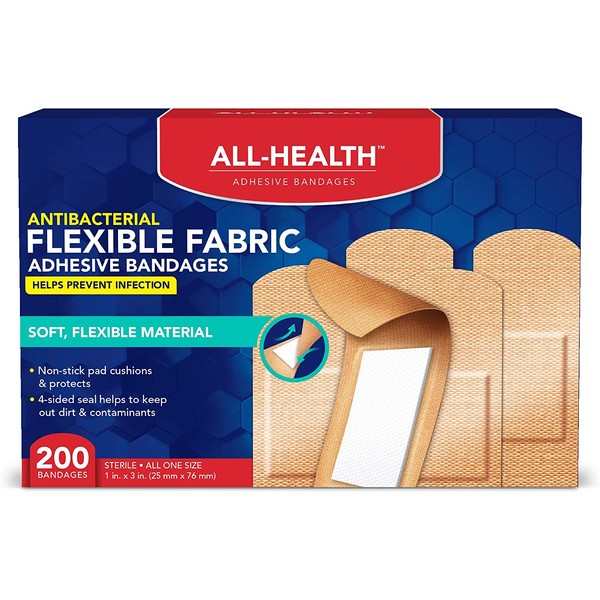 All Health Antibacterial Fabric Adhesive Bandages, 1 in x 3 in, 200 ct | Helps Prevent Infection, Flexible Protection for First Aid and Wound Care