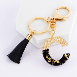 Suweibuke Fashion Black Key Chains for Women Girls, Initial Letter Keychains with Tassel, Charms for Key Purse Handbags Backpacks (Black-C)