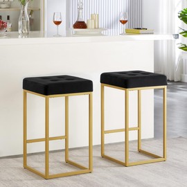 24KF Contemporary Counter Height Bar Stool Set of 2 for Kitchen Island, 26" H Velvet Padded Gold Barstool Bar Chair,5066-Black
