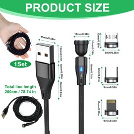 EuAcesry Magnetisches USB-C-Kabel, 2 m, 3 in 1, magnetisches Ladekabel, 360° und 180° drehbar, für Micro-USB/Typ C/i-Product, 3 A Schnellladung und Datenübertragung