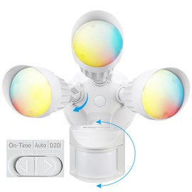 LEONLITE 3CCT LED Security Light Motion Sensor, Aluminum Flood Lights Outdoor, 3 Modes Motion Detector+Dusk to Dawn+Switch Control, 3000K/4000K/5000K Selectable, IP65, Adjustable 3-Head, ETL, White