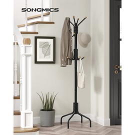 SONGMICS Coat Rack Freestanding, Metal Coat Rack Stand with 12 Hooks and 4 Legs, Holds Clothes, Hats, and Bags, for Entryway, Living Room, Bedroom, Black URCR031B01