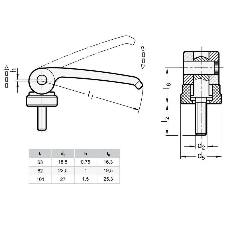 Ganter Normelemente Eccentric clamp with screw, 927-82-M6-60-B, handle length l1: