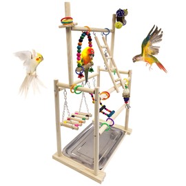 Hamiledyi Natural Wood Bird Playground - Large 3-Tier Perch Stand with Exercise Platforms Durable Activity Gym for Parrots, Cockatiels and Small Birds Bird Stand with Ladders and Swings