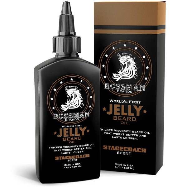 Bossman Beard Oil 4oz, Thicker consistency Jelly - Made in USA - Longer Lasting - Bigger Bottle - Natural Ingredients - Non Greasy - (Stagecoach Scent)