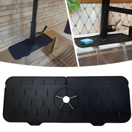 Silicone Sink Splash Guard, Drip Catcher Tray Mat | Kitchen Guard Gadgets Sink Accessories, Kitchen Sink Sponge Holder | 15" x 5.5" Drying Mat for Kitchen Counter, Faucet Accessories - Black