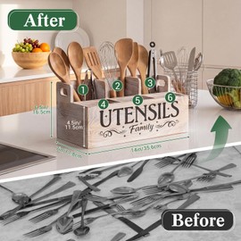 Thenshop Extra Large Kitchen Utensil Holder with 6 Compartments, Removable Divider Rustic White Wooden Utensil Organizer with Handle for Kitchen Countertop Farmhouse Decor Cooking Spatula Storage
