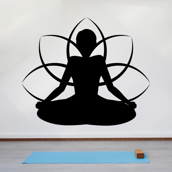 Yoga Meditation Wall Decals Lotus Pose with Flower Drawing -