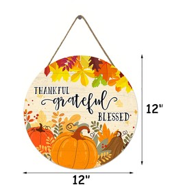Thanksgiving Pumpkin Front Door Sign, Thanksgiving Fall Wooden Door Outdoor Porch Decor, Farmhouse Thanksgiving Wooden Wreath Indoor Wall Decor 12 Inch