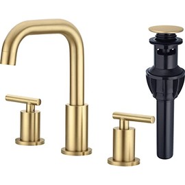 TRUSTMI Bathroom Faucet 2 Handle 8 Inch Brass Bathroom Sink Faucet 3 Hole Widespread with 360 Degree Swivel Spout, cUPC Water Supply Lines and Overflow Pop Up Drain Included, Brushed Gold