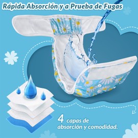 SlowTon Pañales Lavables para Perros Hembra sin Fugas, 3 Piezas Cómodos Pañales Súper Absorbentes y Reutilizables con Cierre Ajustable para Perros en Celo, Micción por Incontinencia (Margarita, S)