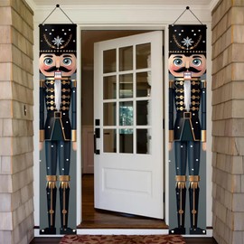 Saoplasa 2PCS Christmas Nutcracker Porch Banners 71 x 12 Inch Black and Gold Soldier Door Decorations with Snowflake Hat Front Porch Hanging Signs for Holiday Winter Party Entryway Decor