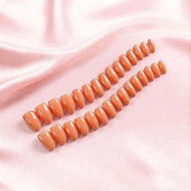 Uñas postizas cortas almendradas color naranja, con pegamento, kit de uñas postizas con pegamento en barra stiletto neutro brillante para mujer, juego