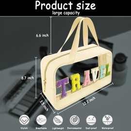 Bunliuys Chenille Letter Clear Makeup Bag Travel Patch, Travel Toiletry Makeup Bag with Handle, Nylon Waterproof Makeup Bags clear cosmetic bag, preppy patch makeup bag for Women (TRAVEL-Beige)