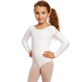Leveret Girls Leotard Basic Long Sleeve Ballet Dance Leotard (2T-14 Years) Variety of Colors (White, X Large / 12-14)