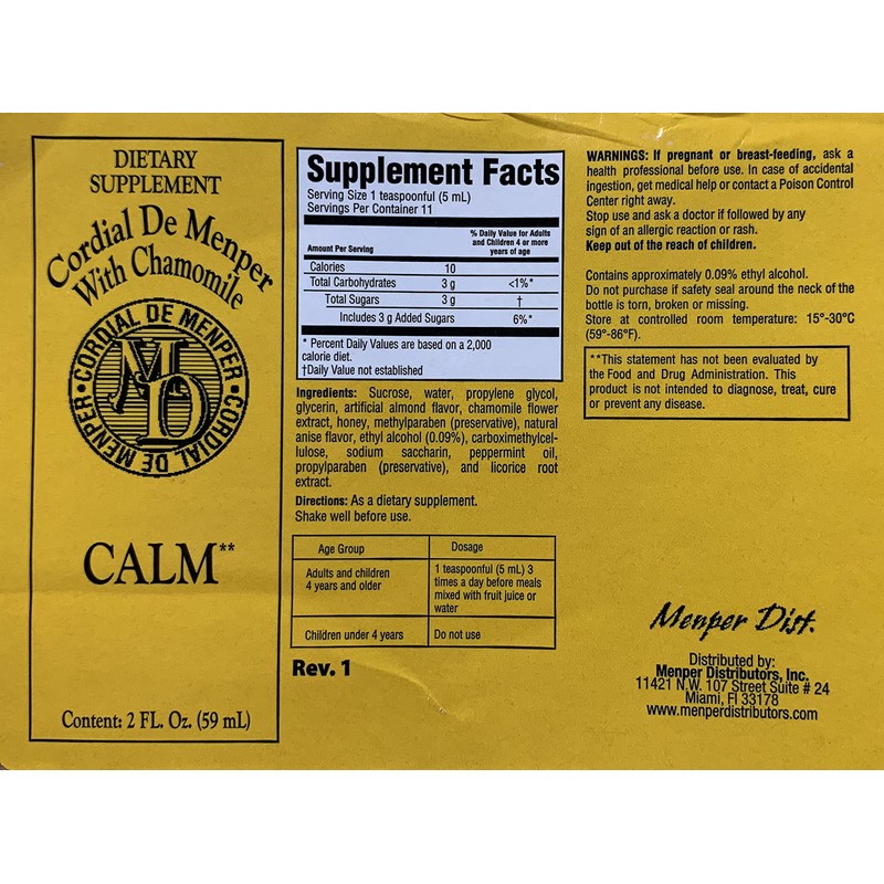 Cordial De Menper with Chamomile 2oz Dietary Supplement
