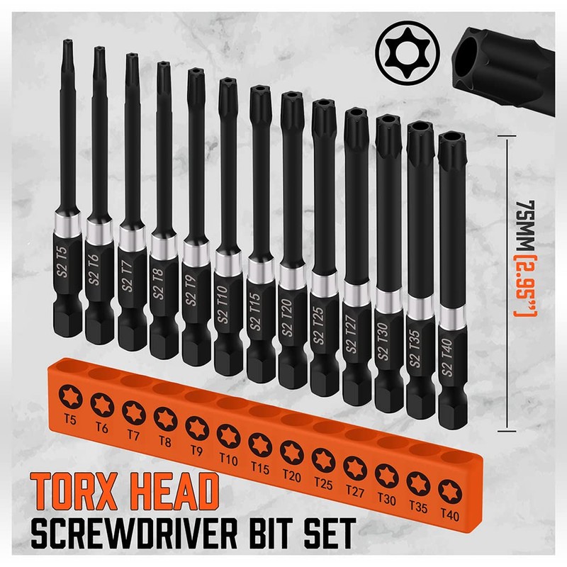 13-Piece Impact Rated 3" Security Torx Bit Set for 1/4”Screwdriver,