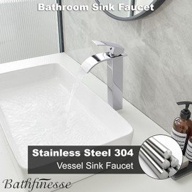 Bathfinesse Polished Chrome Bathroom Faucet Vessel Sink Faucet Tall Stainless Steel Single Handle One Hole Deck Mount Bowl Vanity Sink Faucet with Pop-up Drain Assembly