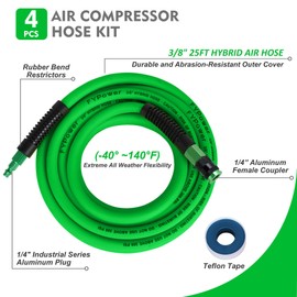 FYPower Hybrid Air Hose 3/8 in x 25 ft, Heavy Duty, Lightweight, Flexible and Kink Resistant Compressor Hose with 1/4" Universal Aluminum Fittings, Green