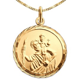 CLEVER SCHMUCK Set of Golden Christopher Pendant Round Diameter 16 mm with Edge Diamond-Coated Back Gott schütze Dich 333 Gold 8 Carat with Gold-Plated Curb Chain 45 cm, Gold, Gold