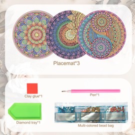 SHEGZHUC 3 Pack Diamond Painting Tableware Mat Place Mat Mandala Colourful 15 cm Diamond Painting Placemats Pot Coasters with Non-Slip Plate Mat Table Decoration Place Mats for Bowls Pans Pans