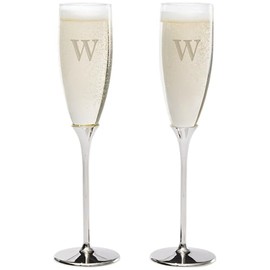 Personalization Universe Initial Engraved Silver Flute Set – Set of 2 – Custom Etched Monogram – Polished Silver-Plated Stems – Gift-Boxed – Elegant Toasting Glasses