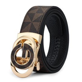 VANNANBA Cinturón de carraca para hombre, de moda, casual, de piel, con hebilla deslizante automática, Oro y café 01, 42''-45'' Adjustable Waist