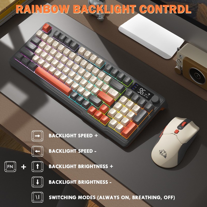 FREEWOLF T96 Smart Display Wireless Gaming Keyboard and Mouse Comb,