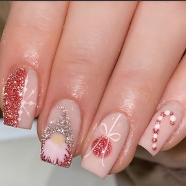 Christmas Glitter Gnome Press on Nails Medium Winter Xmas False Nails Glossy Square Acrylic Glue on Nails Full Cover Christmas Fake Nails for Women Girls