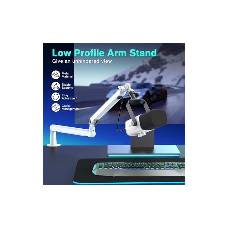 FIFINE Boom Arm Mic Stand, Low Profile Metal Microphone Stand,