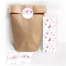 JuNa-Experts Bookmark + Gift Bags + Stickers Butterflies Party Bag Guest Gift for Birthday Children's Birthday Party Princess Party Girls Wedding