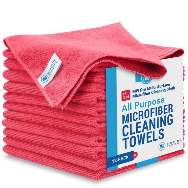 MW Pro Microfiber Cleaning Cloth | Red (12 Pack) | Size 16" x 16" | All Purpose Microfiber Towels - Clean, Dust, Polish, Scrub, Absorbent